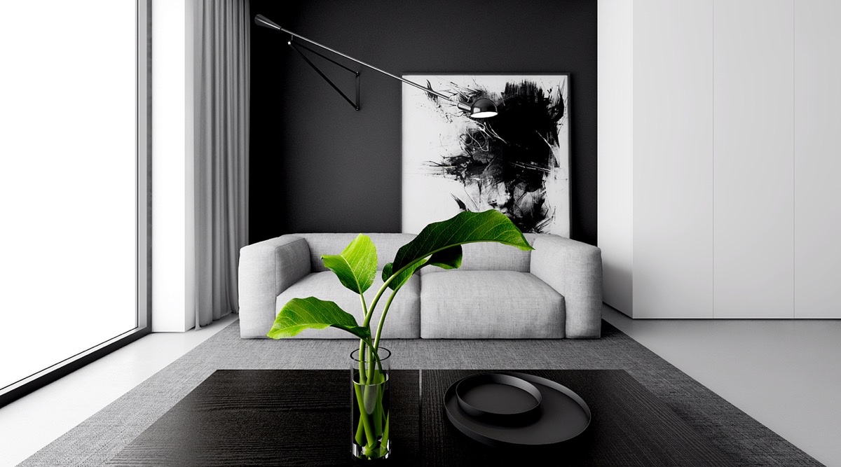 ruang tamu minimalis warna hitam dan putih