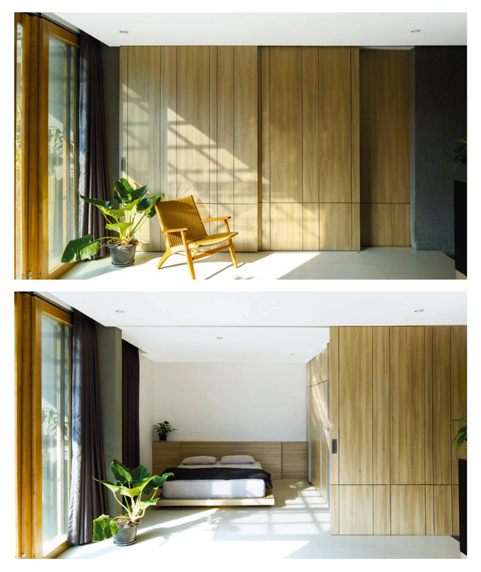 desain kamar tidur Conformable Minimax House warna putih dan nuansa kayu